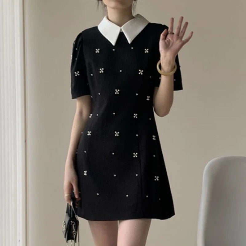 Robe longue noire à manches courtes pour femmes, style français, tenue de soirée, coupe ample