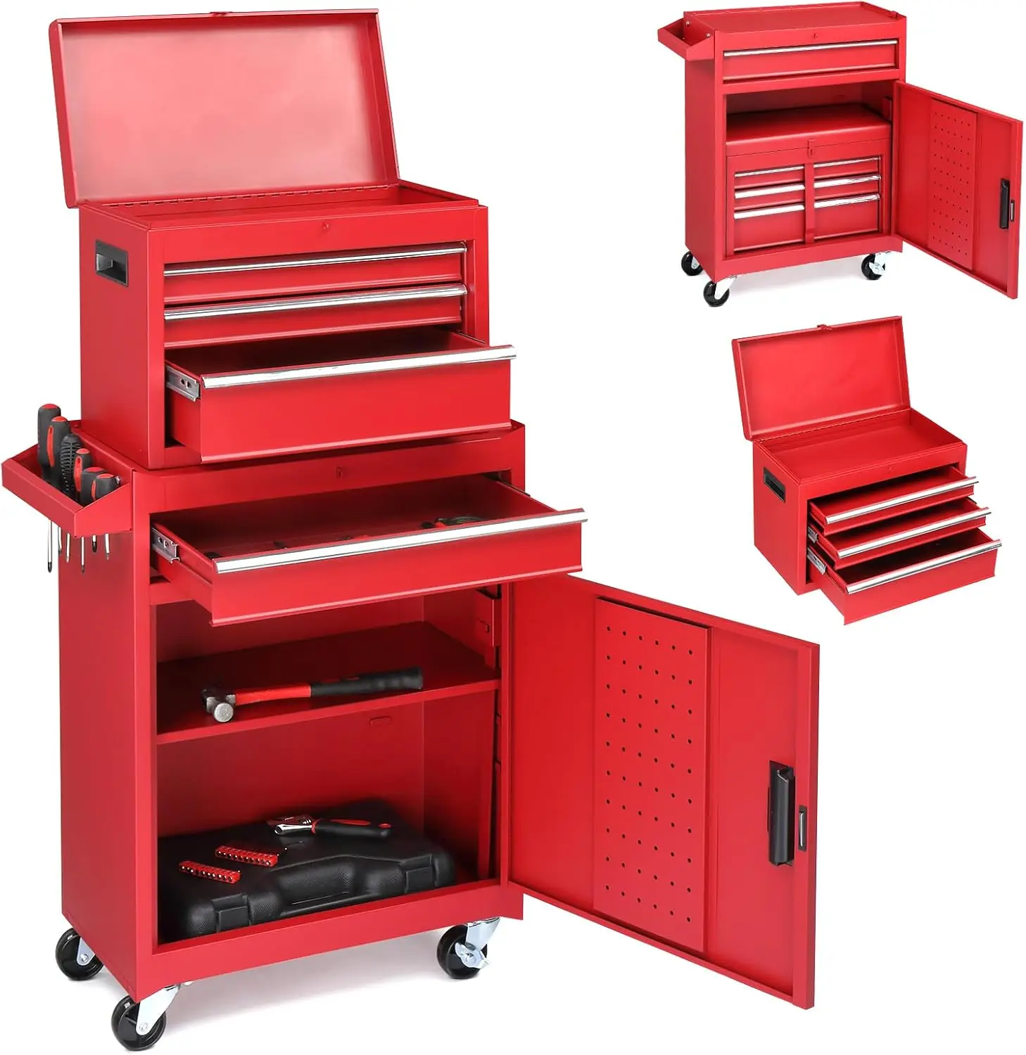 Rolling Tool Chest, Detachable Mobile Tool Box Cabinet, Multi Drawer Hardware Storage Organizer With Wheels, Heavy Duty Workshop Utility Cart, Industrial Functional Style, Red Finish, 1 Piece