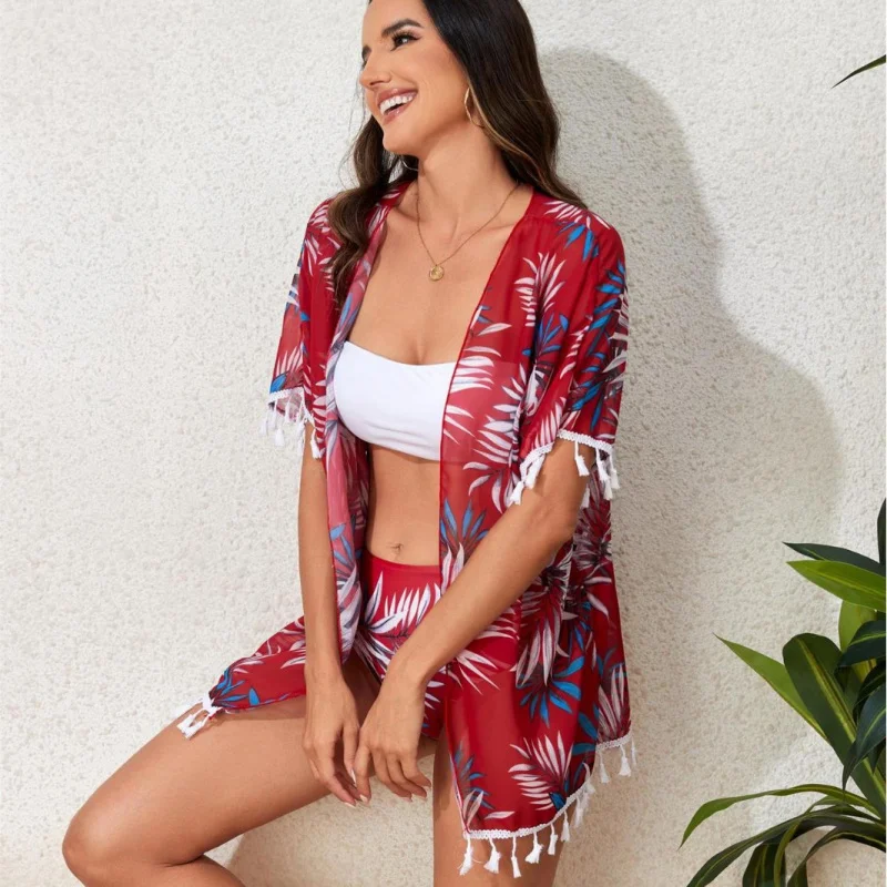 Traje de baño de moda para mujer con pareo de borlas de gasa, bikini de dos piezas sin tirantes, conjunto de tres piezas para vacaciones en la playa