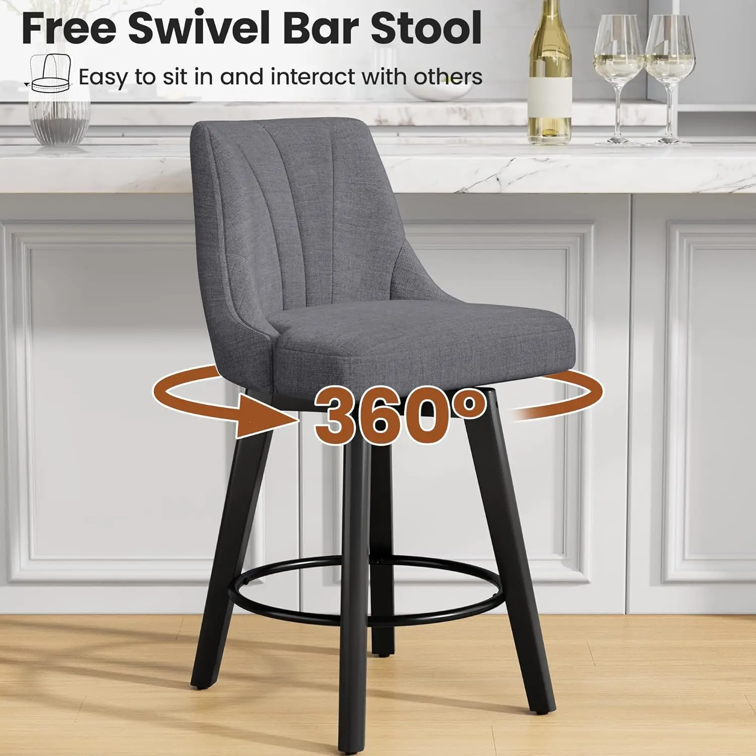 مقعد مرتفع دوار بارتفاع عداد، مجموعة مقاعد للبار من القماش المنجد مقاس 24 بوصة مكونة من 3 قطع، كرسي مقعد مضاد مع ظهر وأرجل من الخشب الصلب