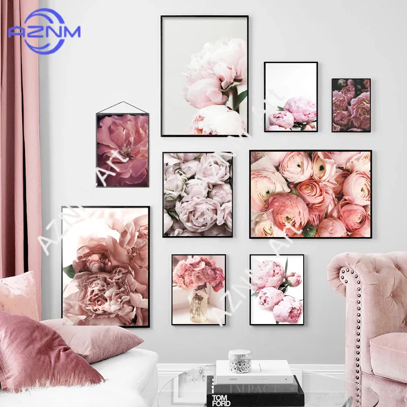 1PC Pink Wall art poster painting peony pink modern living room girl room art mural