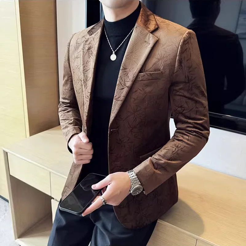 

New Fashion Elegant Velvet Jacquard Suits Jacket Men's Slim Fit Business Social Formal Suit Coats Tailcoat Men Clothing 4XL-M
