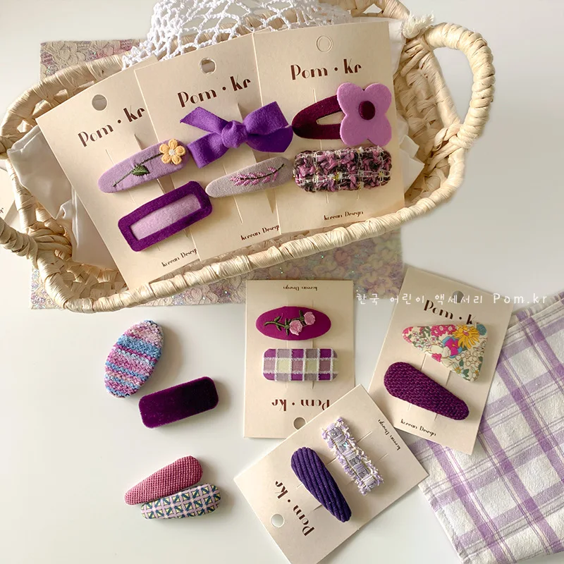 2pcs/lot Korean Girls Handmade Purple Weave Fabric Hair Clip for Cute School Girl Floral Hairpin with Checkered Bow Headband