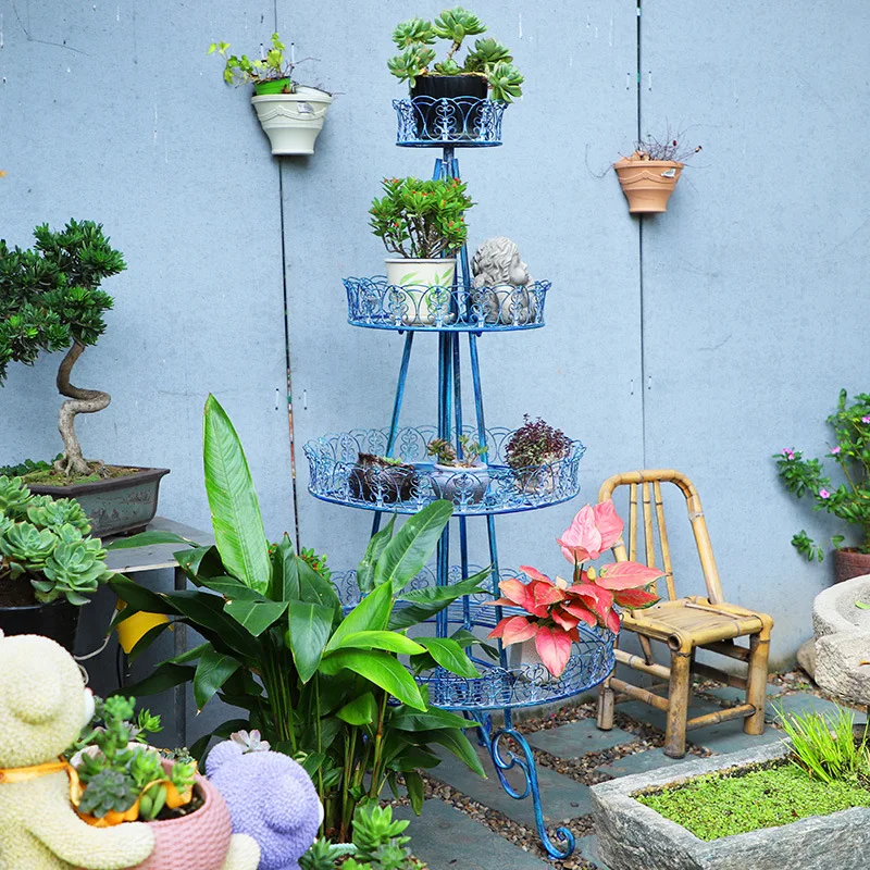

Foreign order retro and old American wrought iron outdoor multi-layer shelf, garden groceries, courtyard villa floor flower