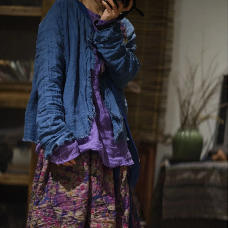 Women Loose Vintage Ripped Ramie Tops and Blusas Mujer De Moda 2024 Ladies Open Cardigans Outerwear Female Spring Summer Shirt