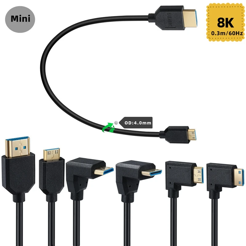 

0,3 м OD 2,1 мм тонкий кабель HDMI-совместимый с Mini HDMI-совместимый коленчатый кабель для передачи данных в 8K 60 Гц для дисплея проектора камеры