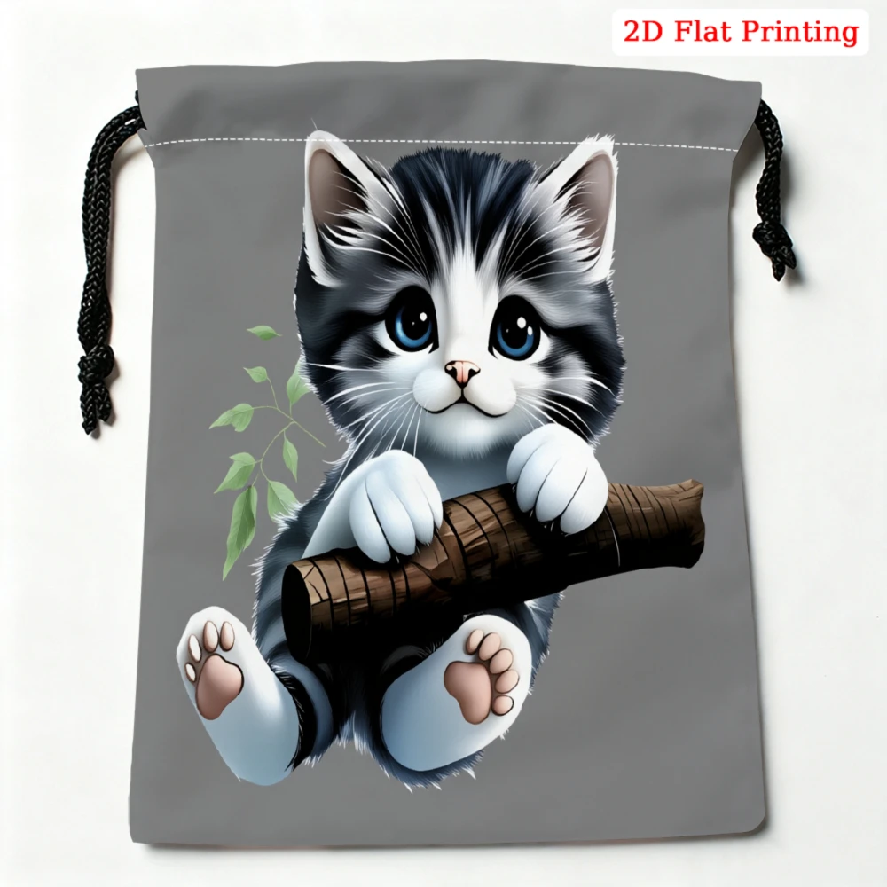 1Pc Cute Cat Pattern Drawstring Bag Gray 2D Flat Printing Storage Small Pouch For Travel Cosmetics Organization Unisex Portable