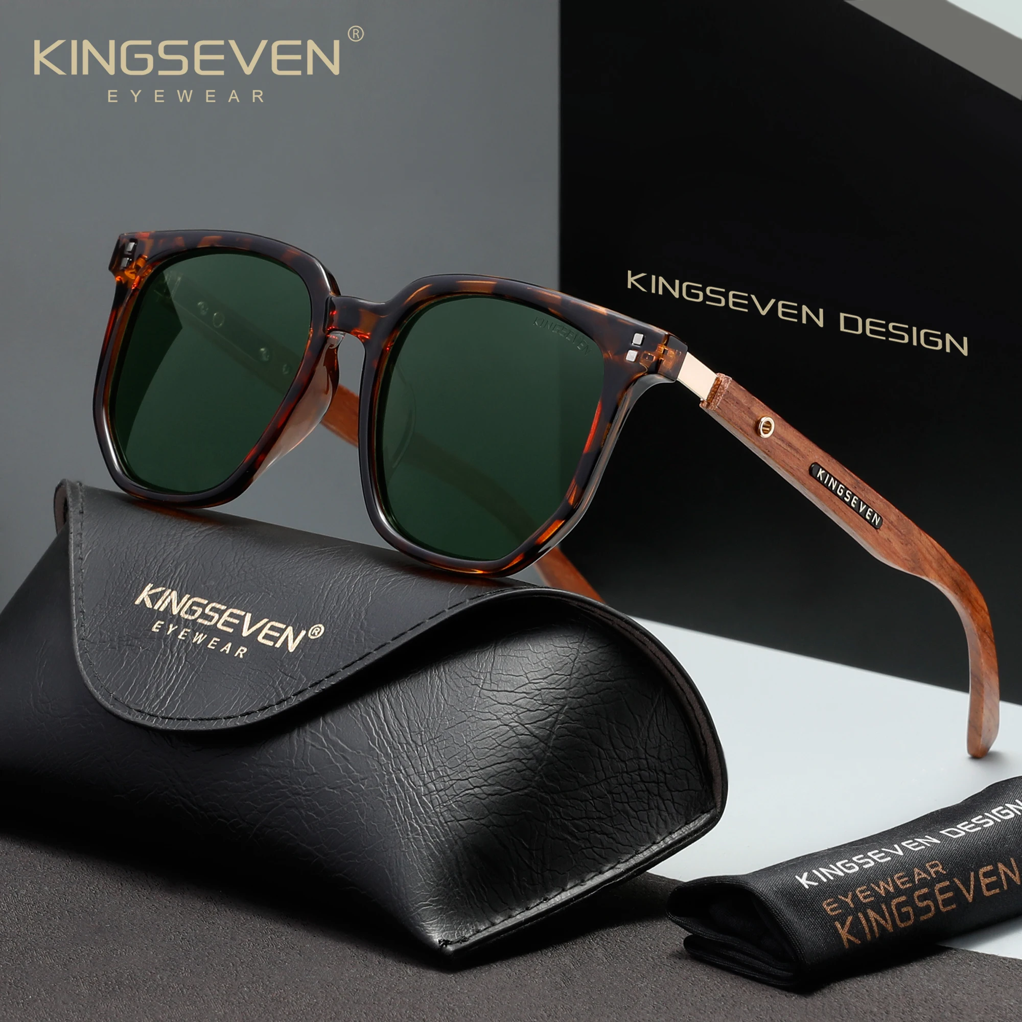 KINGSEVEN Wooden Men Women Sunglasses Square Frame Fashion Eyewear Polarized UV400 Outdoor Driving Eyewear