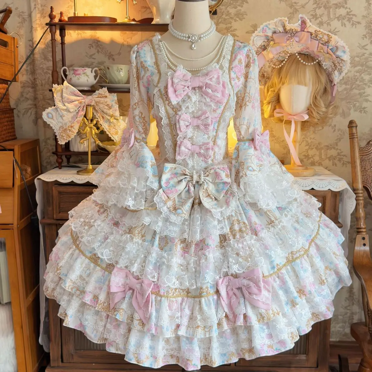 Doce estilo princesa rosa lolita vestidos op 2025 novo feminino doce arco renda vestido de casamento da menina y2k festa de aniversário cos vestido