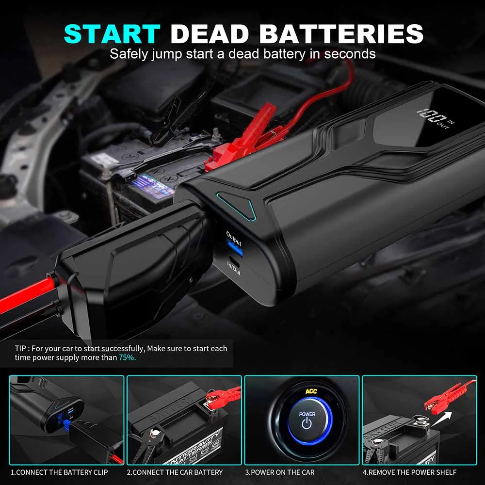 12V 1500A Portable Car Jump Starter Power Bank Dropshipping LED Light Multi-Function Emergency Booster