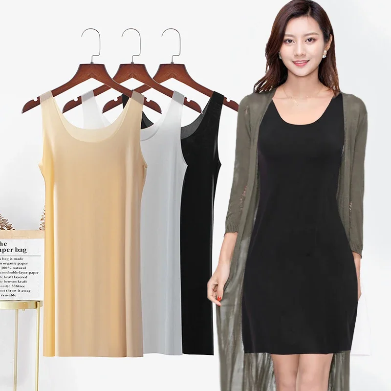 

Women No Trace Soft Comfortable Vest Dress Medium Length Elastic V or U Neck Sleeveless Ice Silk Ultra Thin Inside Slips Dresses