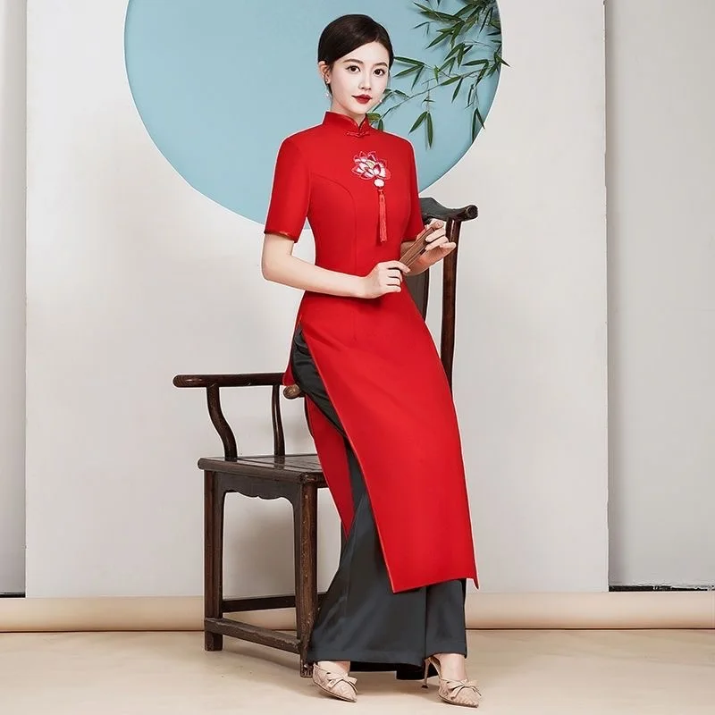 Women Traditional Vietnam Ao Dai Cheongsam Vintage Flower Embroidery Party Banquet Evening Dress Set