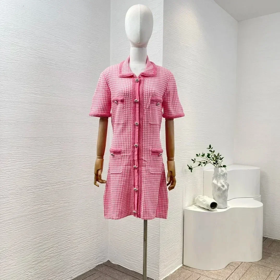 2024 New Pink Blue Stretchy Fit Short Sleeve Diamonds Buttons Mini Knit Dress Spring Summer High Quality Women Clothing