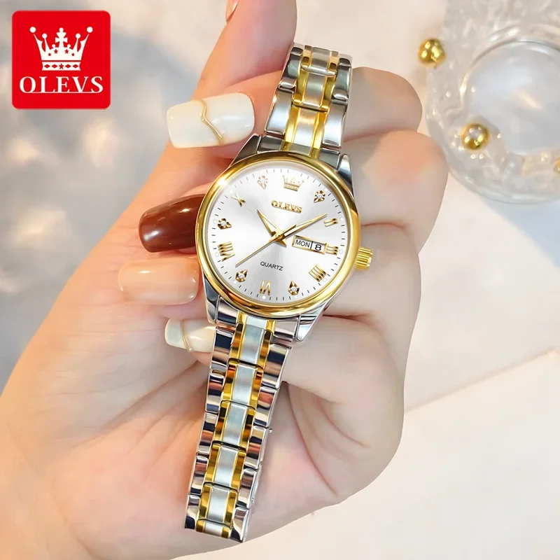 Olevs 5563 luxury quartz couple watches stainless steel waterproof watch men women dual calendar fashion hand clock