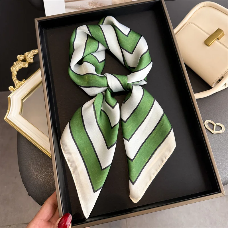 

Роскошный женский шелковый шарф в полоску с принтом, бандана, ленты для волос, квадратные шарфы, атласный гладкий летний атласный хиджаб, повязка на голову, платок