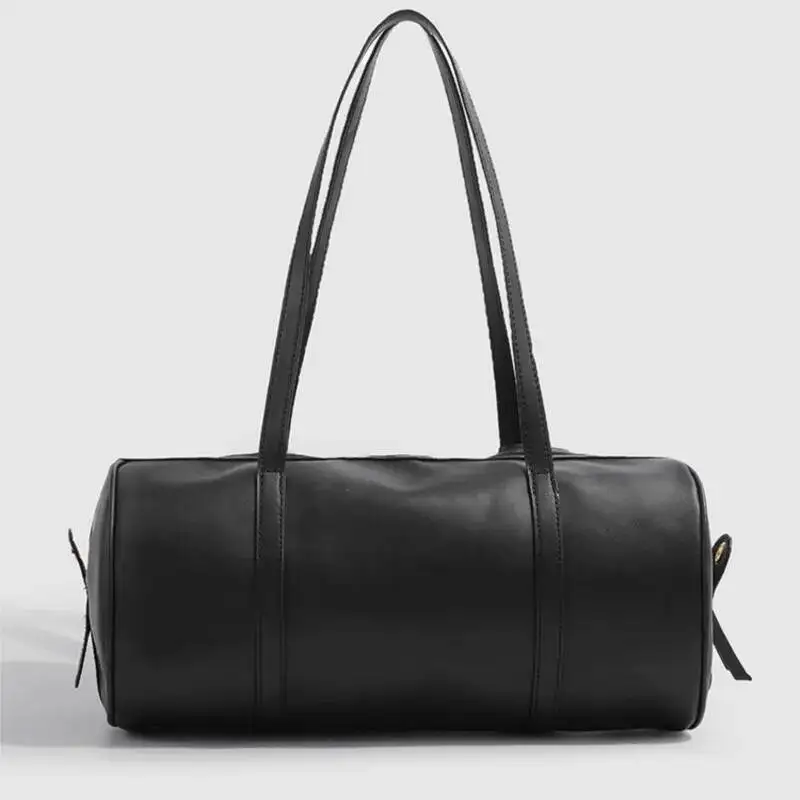 Retro Black Shoulder For Women Zip Cylinder Leather Large Capacity Handbag Ladies Fashion Simple Versatile Crossbody Bag New