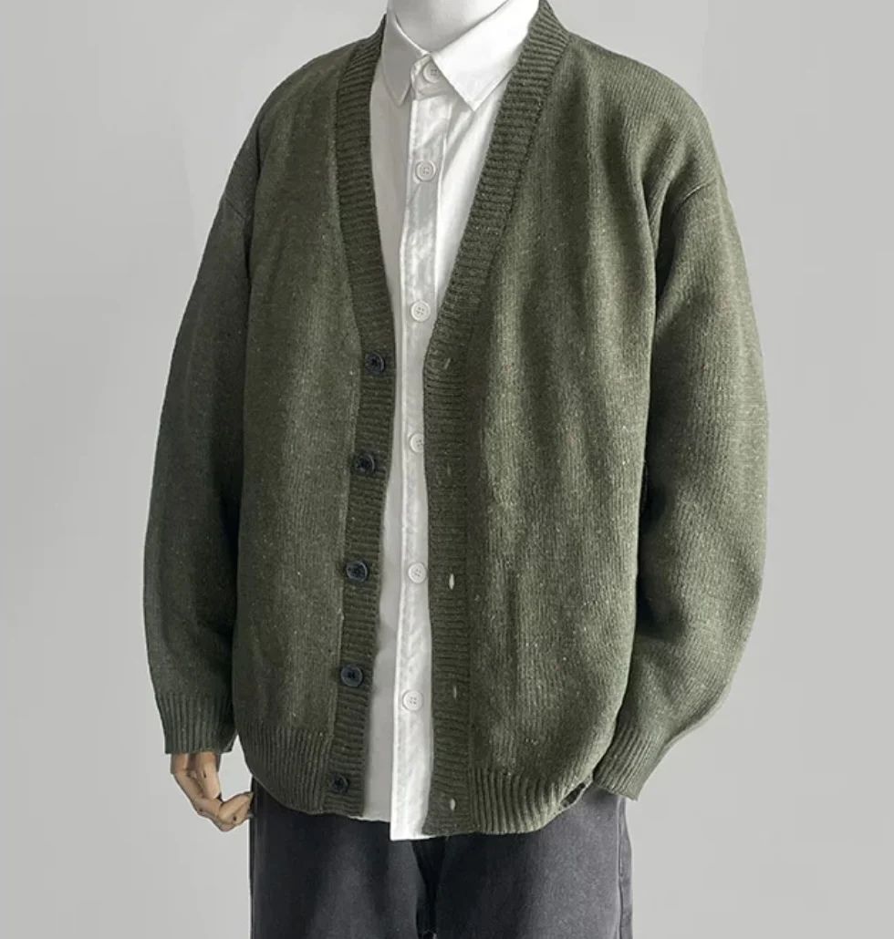 Pull cardigan tricoté vert à manches longues pour hommes, vêtements de travail rétro japonais, printemps et automne