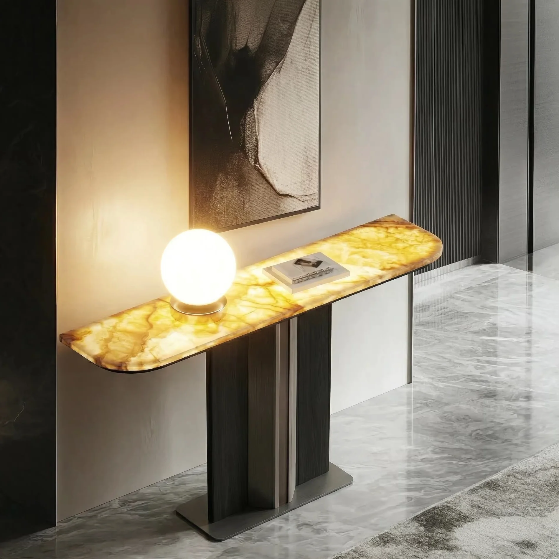 Luminous white ice jade luxury stone entrance table cabinet corridor entry elegant design modern light luxury villa entrance