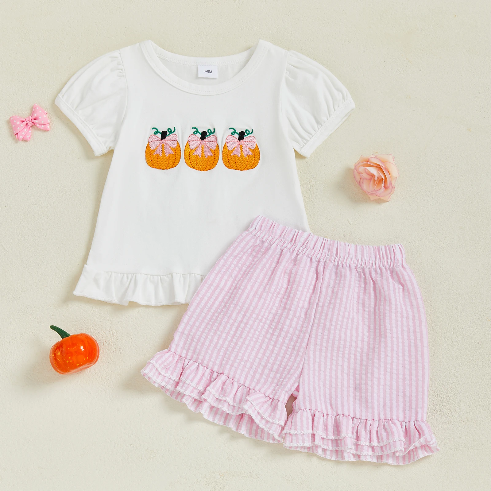 

VISgogo Toddler Baby Girl Halloween Outfit Bow Pumpkin Embroidered Short Sleeve Tops Striped Elastic Waist Ruffle Shorts 2 Pcs
