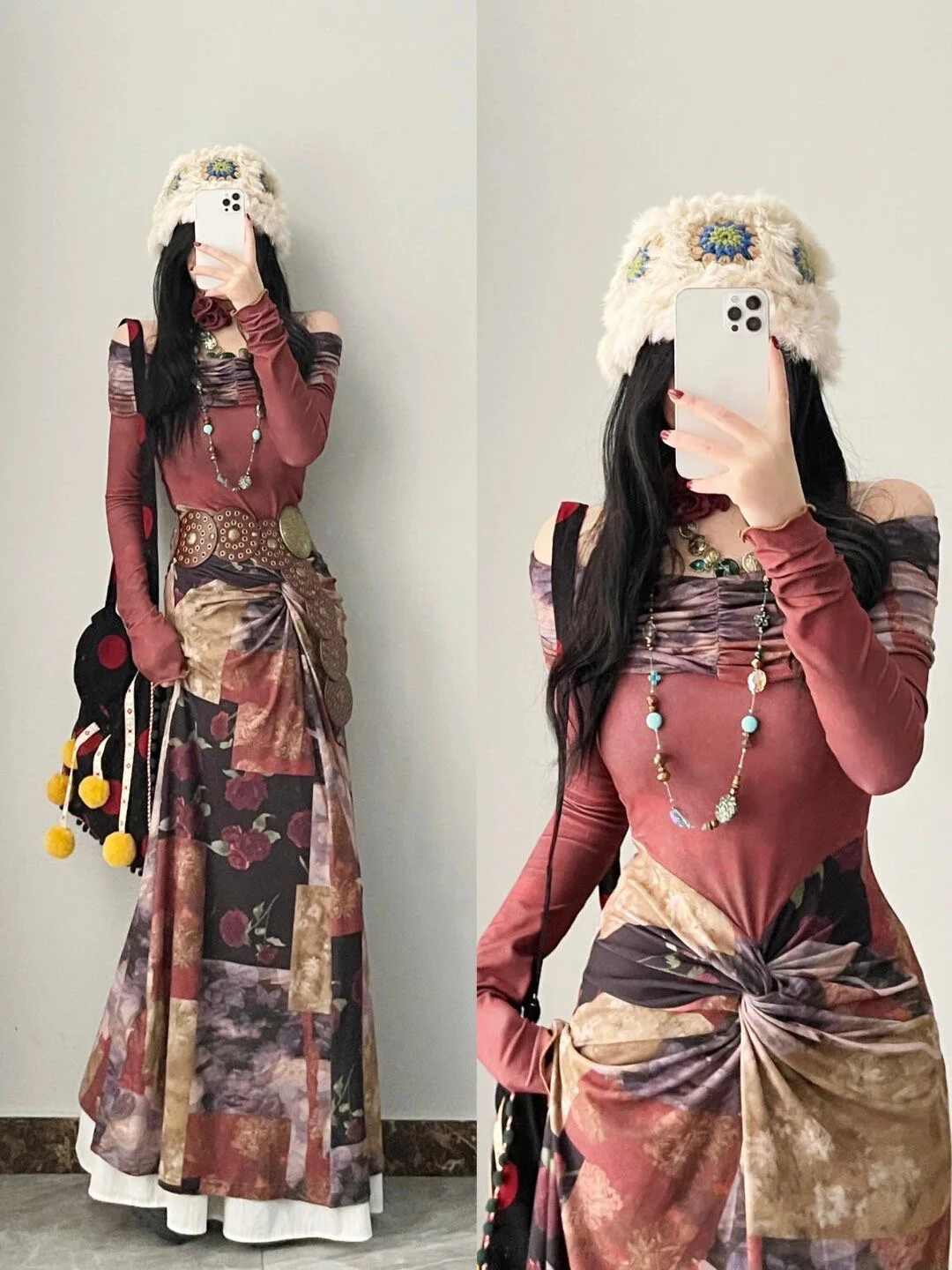 

Y2K Sexy Slash-neck Oil Paintting Style Printed Cross Long Sleeve Dress Women Retro Spring Slim Floral Art Aesthetics Dresses