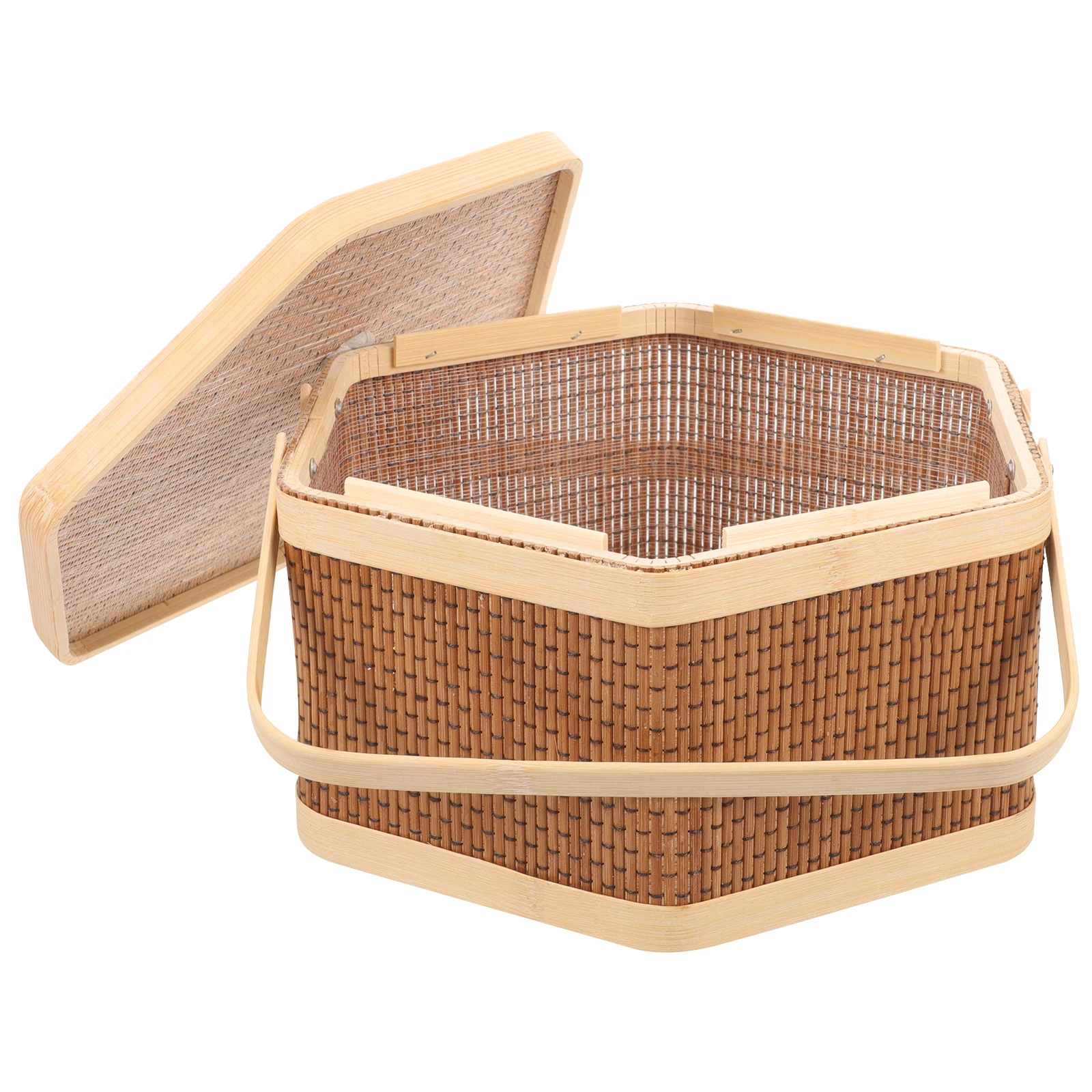 

Bamboo Handwoven Picnic Basket Lid Handle Woven Gift Storage Organizer Durable Rustic Vintage Outdoor Parties Road Trips Bonfire