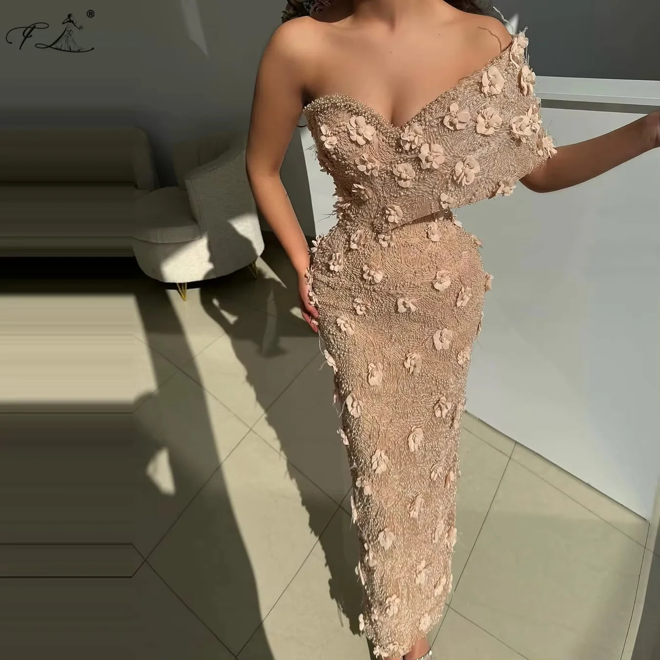 

Вечернее платье с аппликацией из бисера, шампанское, асимметричное платье русалки с асимметричными плечами, облегающее платье до щиколотки, богемное, настраиваемое