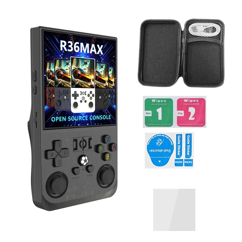 R36MAX ريترو وحدة تحكم بجهاز لعب محمول 64 جيجابايت 4.0 بوصة IPS شاشة محمولة جيب مشغل فيديو يدعم أكثر من 30 محاكيات
