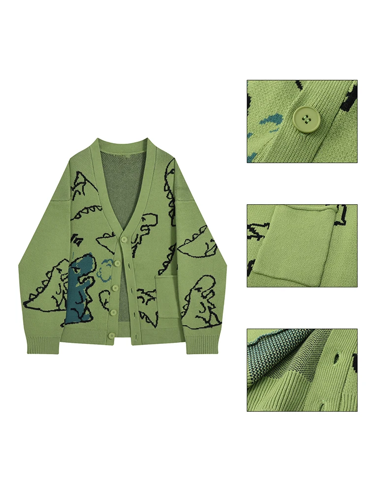 Women Autumn Winter V-neck Cartoon Dinosaur Jacquard Knitwear Loose Long Sleeve Contrast Color Casual Knitted Cardigan Sweater