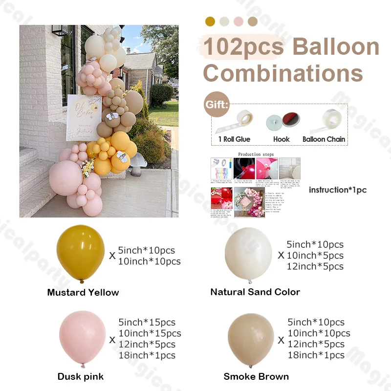 102pcs Dusk Pink and Brown Balloon Chain Bee Theme Party Kids Birthday Balloons Valentine's Day Wedding Decoration Supplies