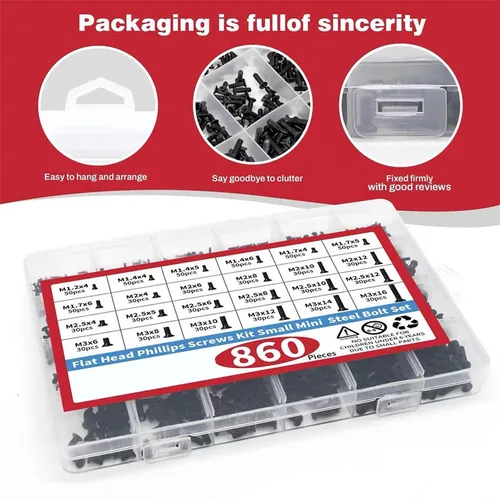 Imagen 2 del producto Kit surtido de tornillos para computadora pequeña de 860 piezas, tornillos para gafas pequeños negros M1.2 M1.4 M1.7 M2 M2.5 M3, disco duro SSD para PC y portátil C