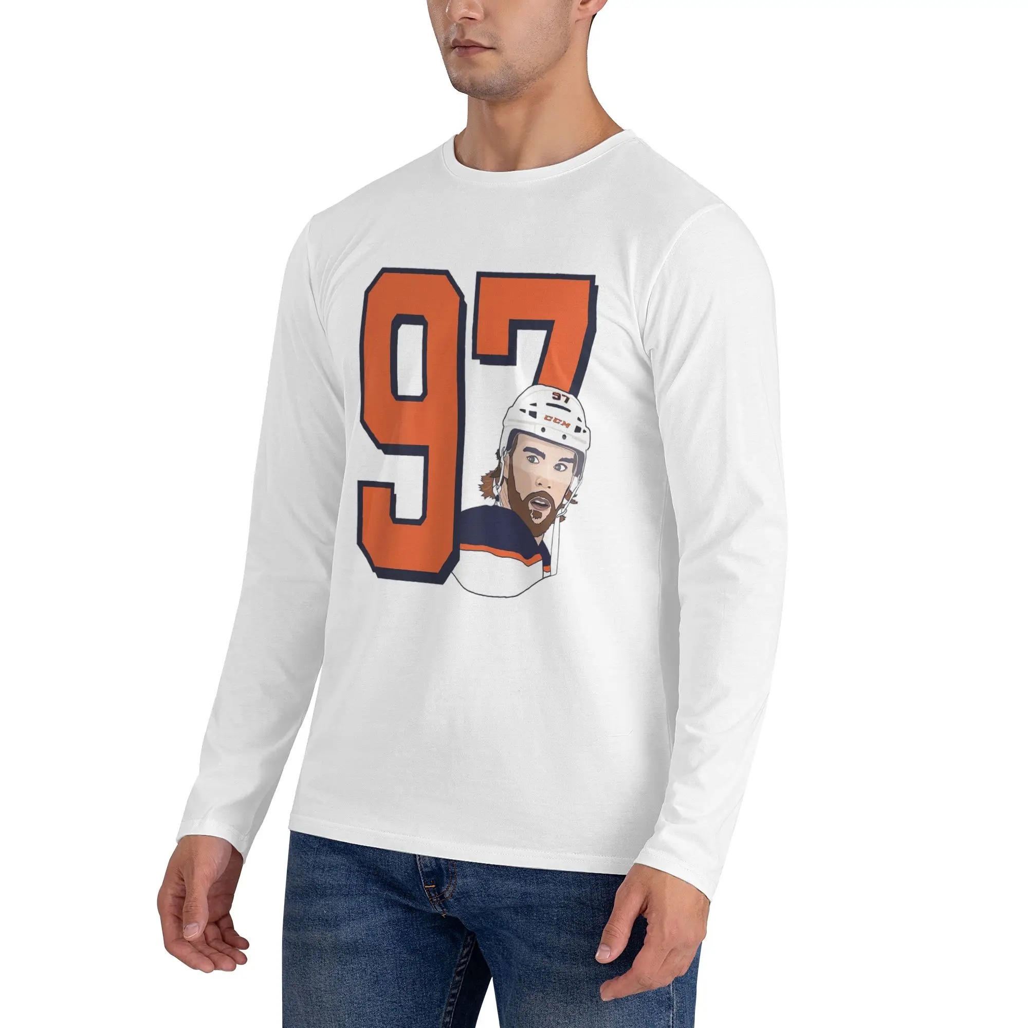 كونور ماكديفيد 97 لمحبي إدمونتون أويلرز تي شيرت رجالي بأكمام طويلة تي شيرت كاجوال برقبة مستديرة تي شيرت للربيع والخريف ملابس علوية للرجال