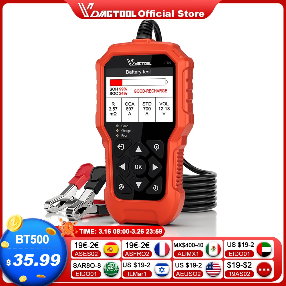 2025 VDIAGTOOL BT500 6V/12V/24V Car Battery Tester 5-3000 CCA Automotive Motorcycle Truck Cranking Charging Scanner Tools