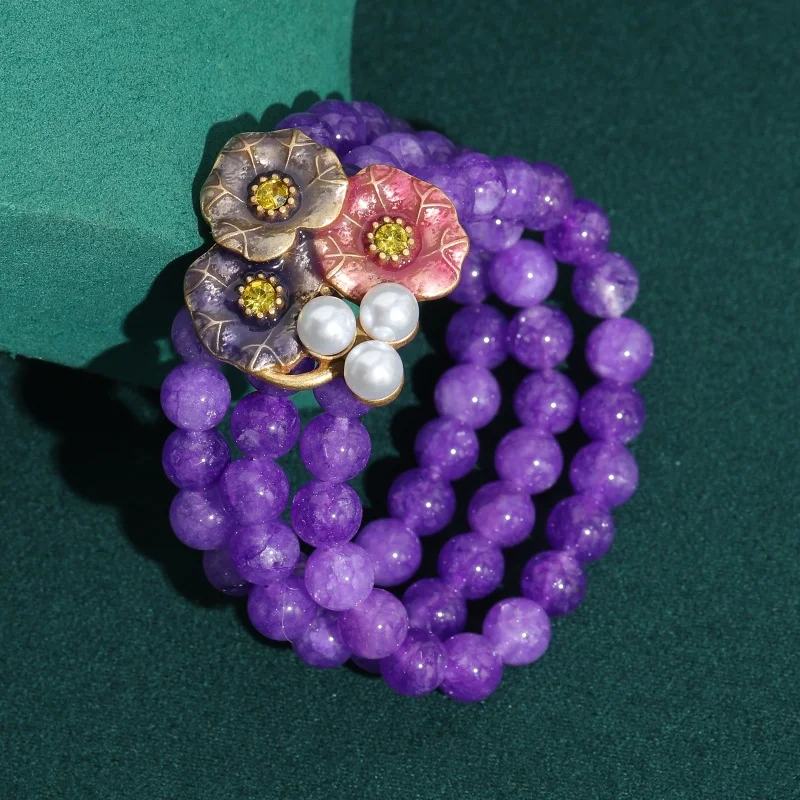 

Luxury Vintage Beads Bracelets Layered Purple Charm Natural Stone Lotus Leaf Woman Summer Gift Retro Engagement Jewelry Brand