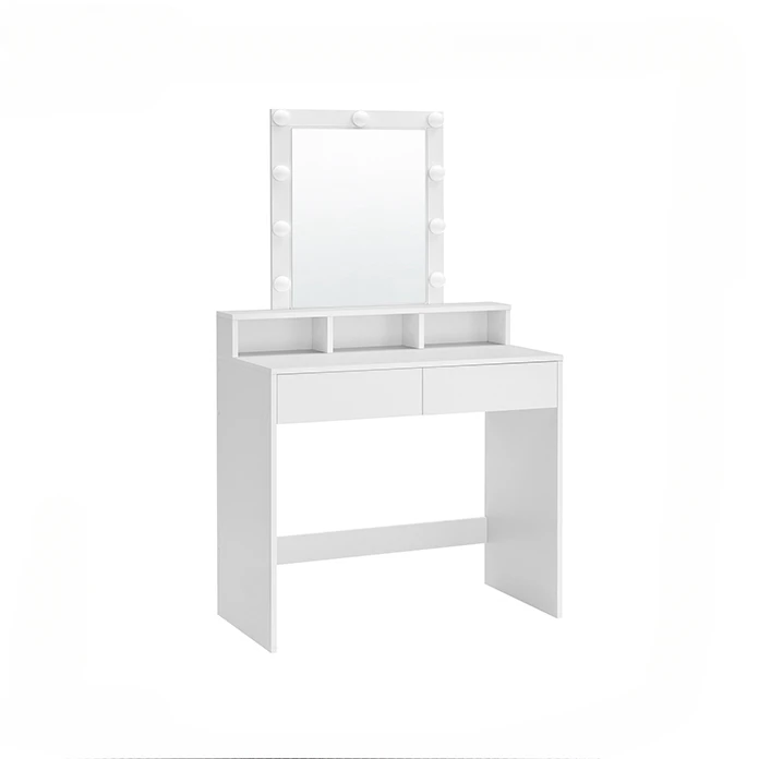 Cosmetic Table with 2 Drawers and 3 Open Compartments Modern Dressing Table with Mirror and Bulbs