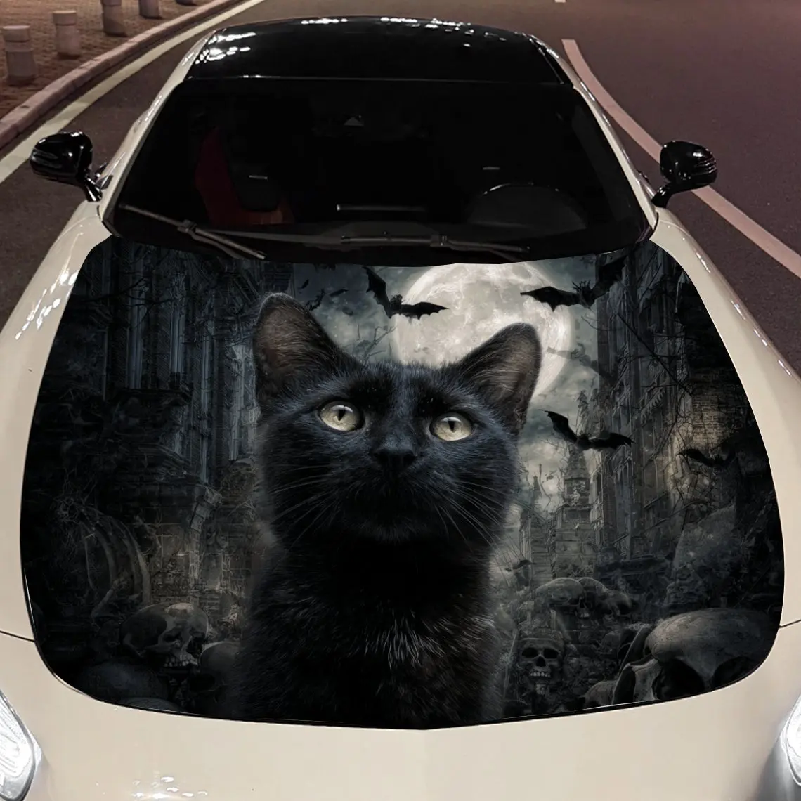 

Виниловая пленка для автомобиля «Черный кот и черепа под полнолуние», водонепроницаемая наклейка на капот автомобиля из ПВХ, самоклеящаяся устойчивая к царапинам S