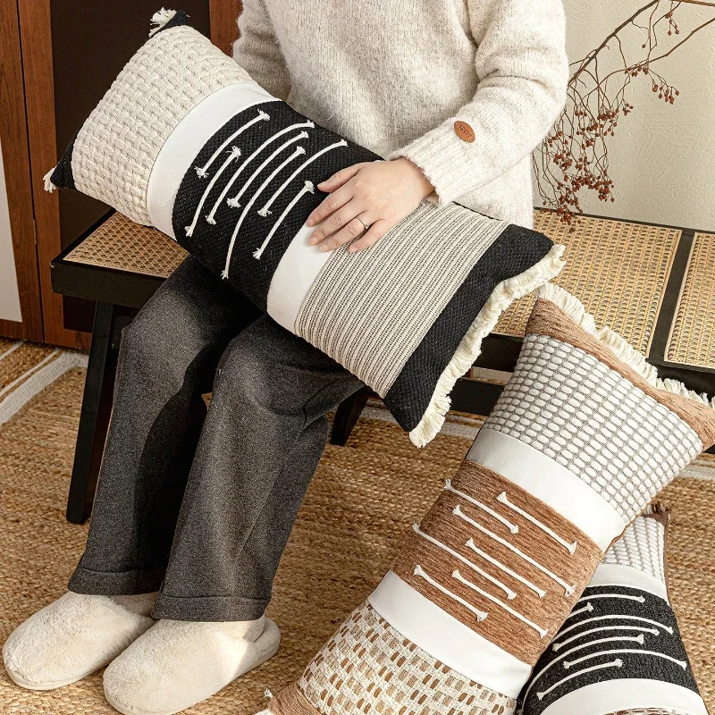 30X65CM Long Black White Throw Pillow Cover Cotton Linen Woven Waist Cushion Cover Decor Home Decorative Pillowcase