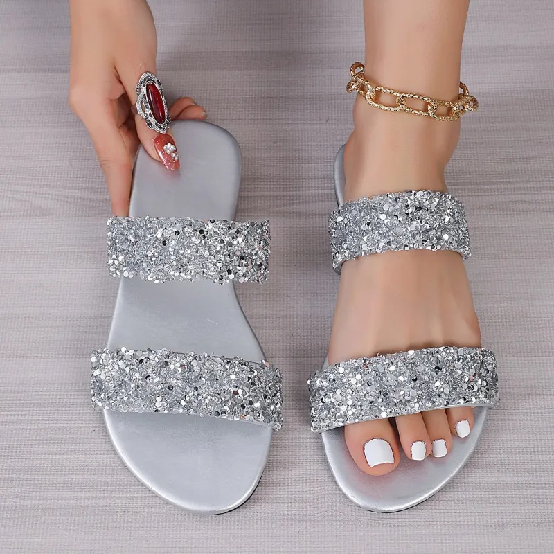 2024  Summer  Women Sandals Rhinestone Sexy Crystal Back Strap Shoes Women Flat with Bling Comfort Sandal Plus Size 42