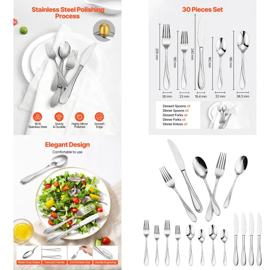 

30Pie Sierware Set Stainl Steel Cutlery Flatware Utensil Kitchen for 6