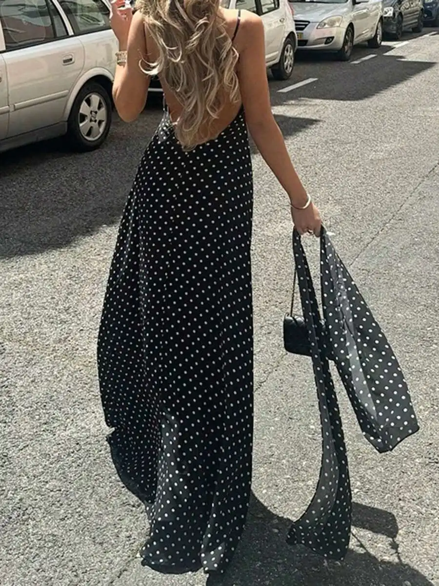 Vestido largo de verano con tirantes finos y cuello en V profundo, sin espalda, con estampado de lunares y pañuelo para mujer