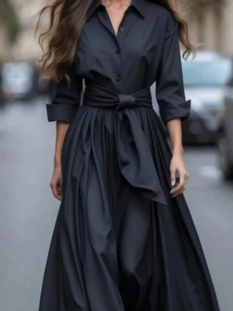 Camisa de Color liso para mujer, vestidos largos con temperamento, solapa elegante, manga larga, un solo pecho, vestido Maxi Leace-up para mujer, novedad de 2025