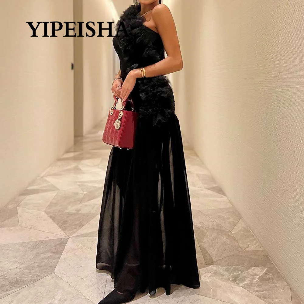 Disesuaikan Tulle satu bahu selubung hitam gaun malam tanpa lengan lipit kasual N lantai panjang Ruffle gaun Prom Gown ال18:00 91