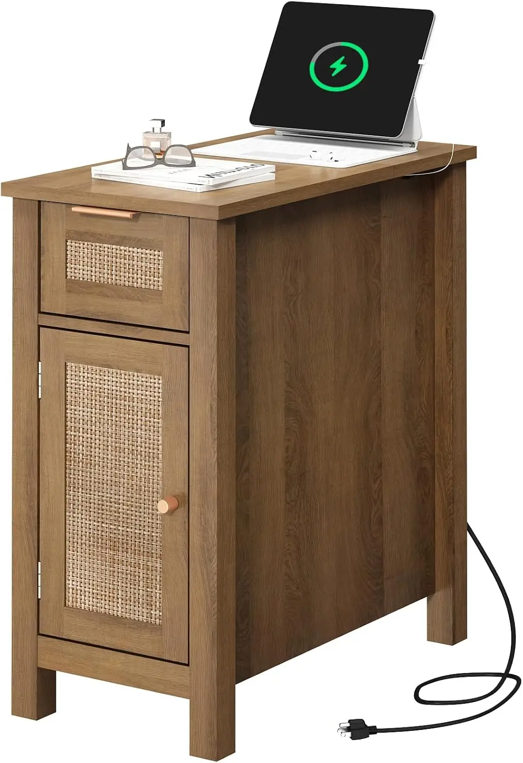 

Midcentury Rattan Narrow End Table with Charging Station, USB & Outlet, Slim Nightstand with Drawer for Small Spaces