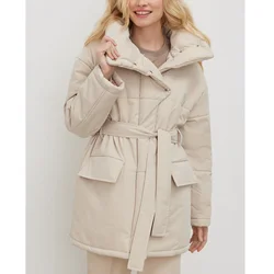 Stand-up Collar Parkas Coats Women Long Sleeve Cotton Jacket Winter Belt Irregular Medium and Long Cotton Jacket Parkas Outwear