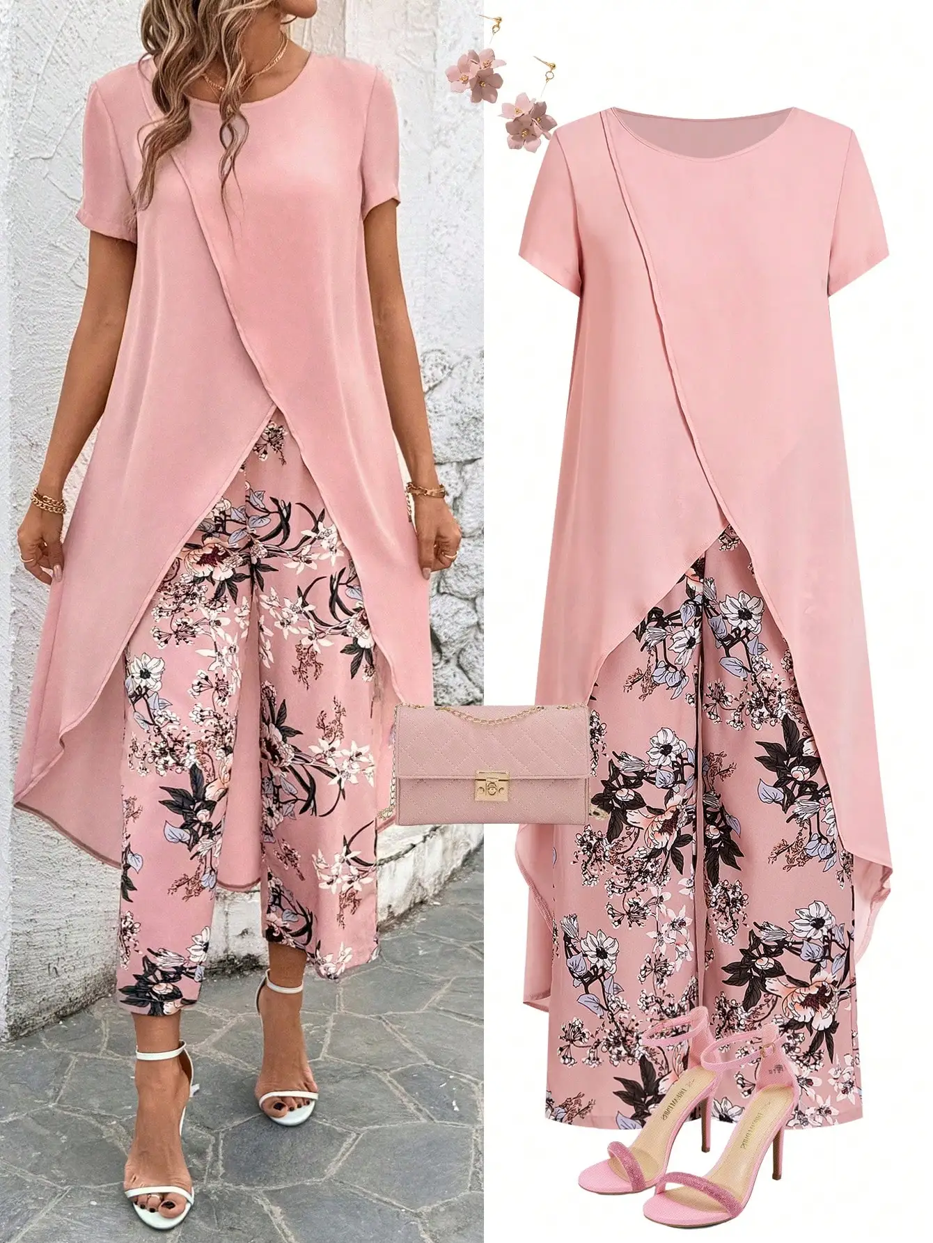 

Женский комплект: однотонный топ с круглым вырезом и короткими рукавами, асимметричный, удлиненный, и брюки с цветочным принтом