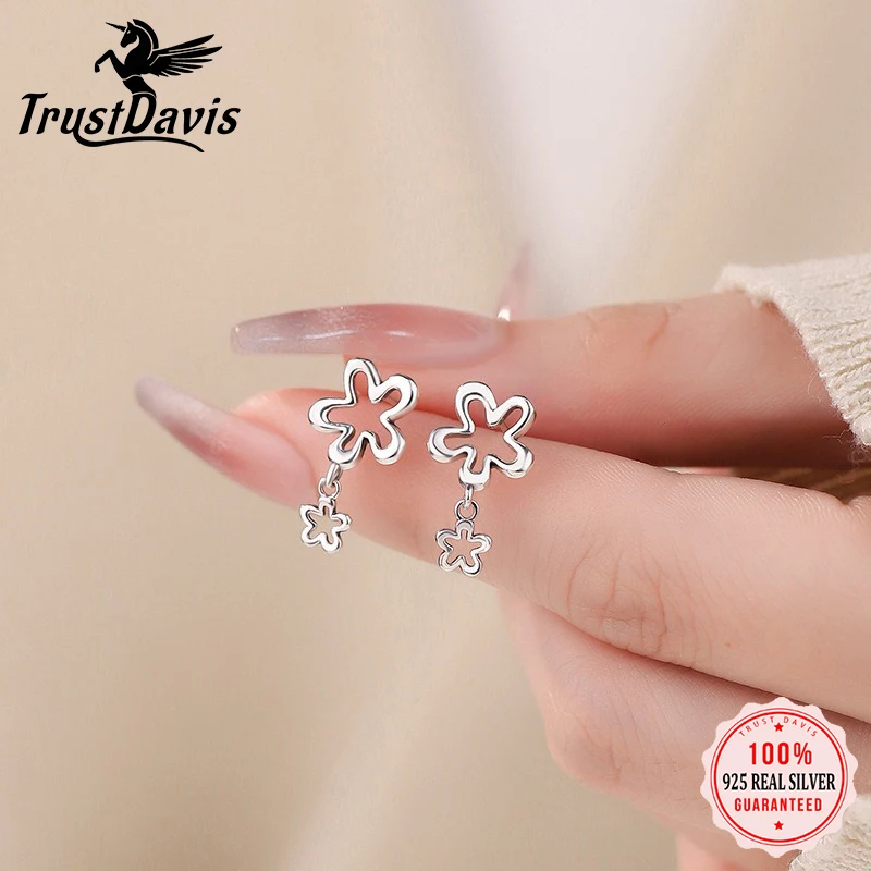 Trustdavis Real 925 Silver Flower Earring Fashion Sweet Two Flower Stud Earrings for Women Daily Wear Jewelry Gift DS4289