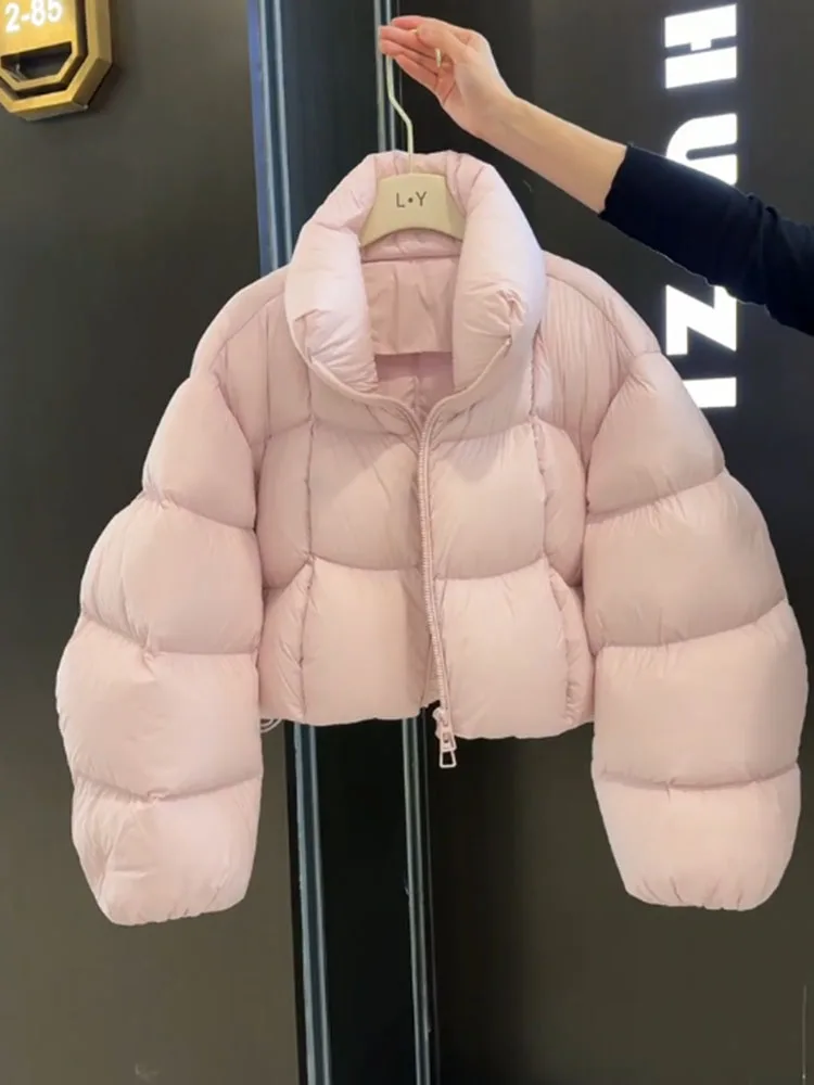 Unique Pink ort Puff Sle Women's down Jaet 2025 New Korean Version Small Size Bread Coat Warm Thiened High Waist Zipper