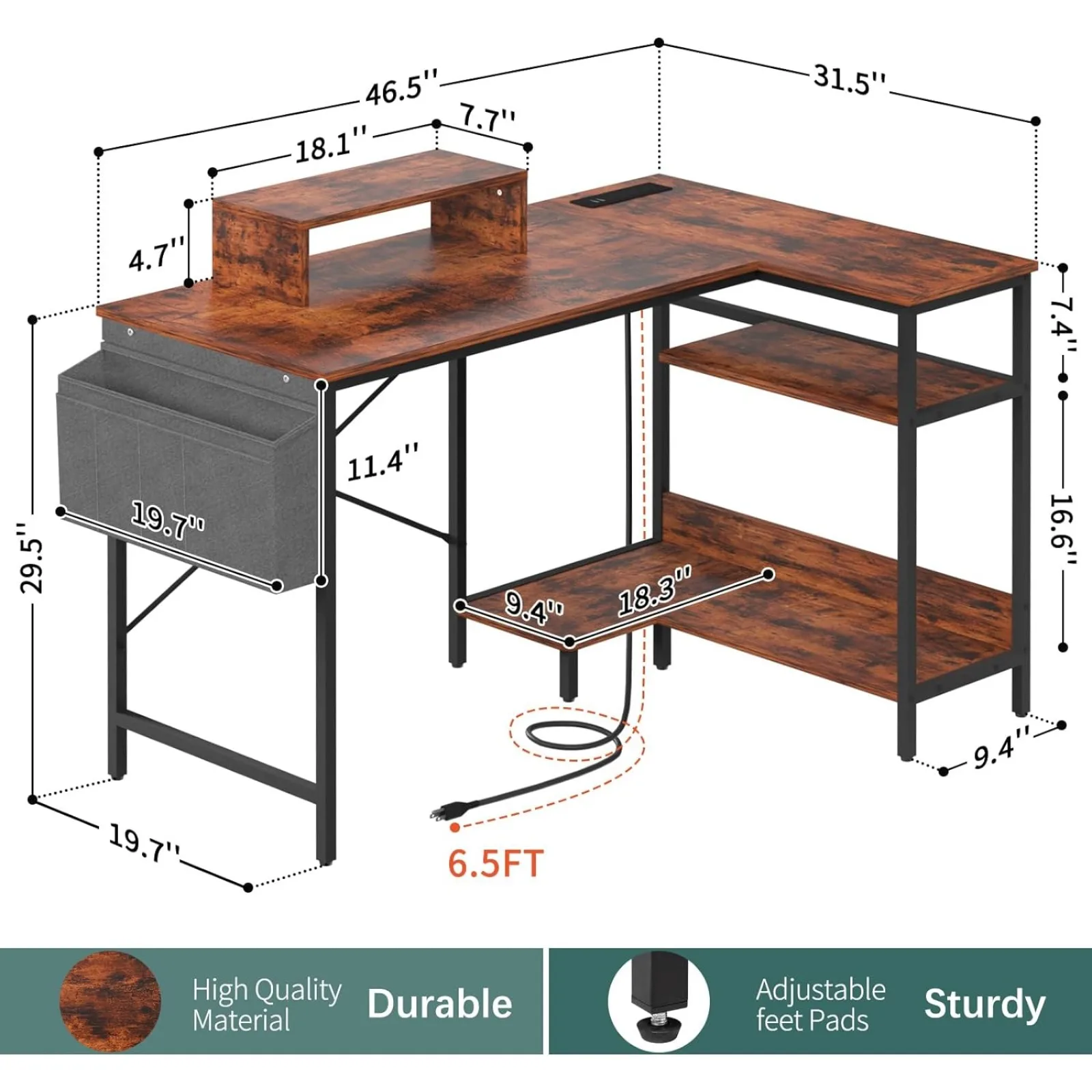 US  Yoobure L Shaped Desk with Storage Shelves 47 Inch Computer Desk with Outlets & U