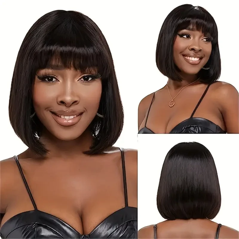 

HAIRTIME Short Bob with Bangs Glueless Wig Straight Human Hair Bob Wigs for Woman Black Color Human Hair Wig Brazilian Remy Hair