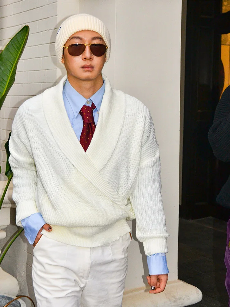 

Ele Pure Color большой вязаный свитер с v-образным вырезом, повседневный свободный драпированный свитер в стиле ретро, осень-зима, мужской трикотаж, повседневный Sle