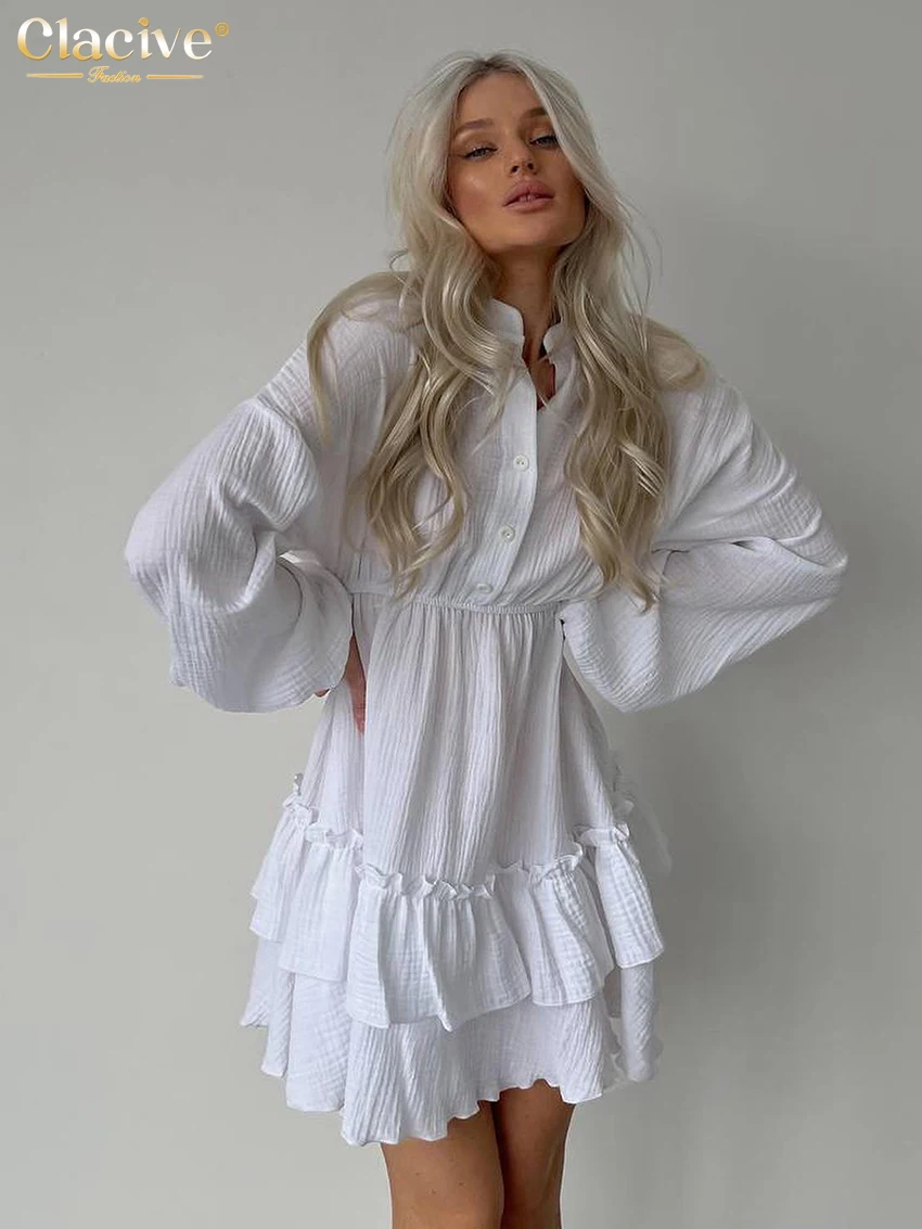 

Clacive Casual Loose White Cotton Women's Dress 2024 Fashion Stand Collar Long Sleeve Mini Dresses Elegant Ruffle Female Dress